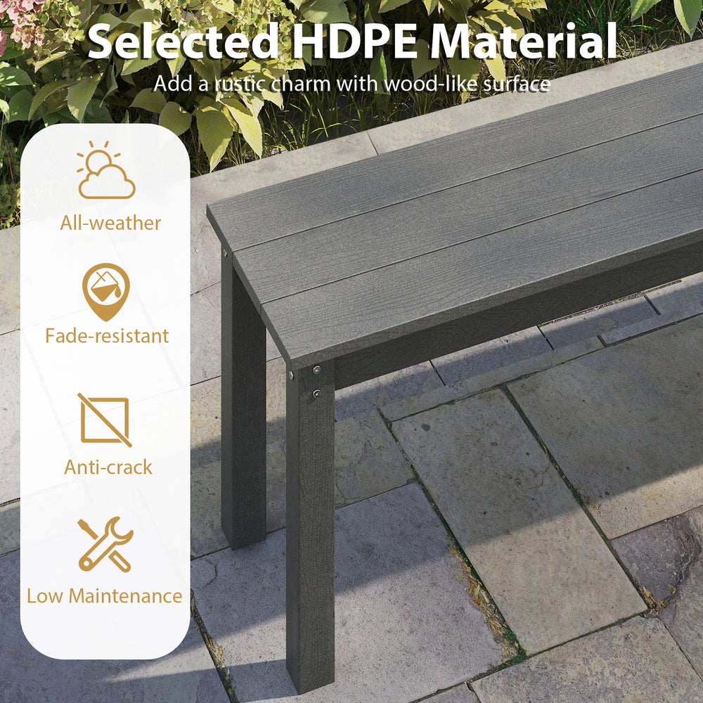 55" gray HDPE outdoor bench with wood-like surface, all-weather durability, and low maintenance for patio or garden use.
