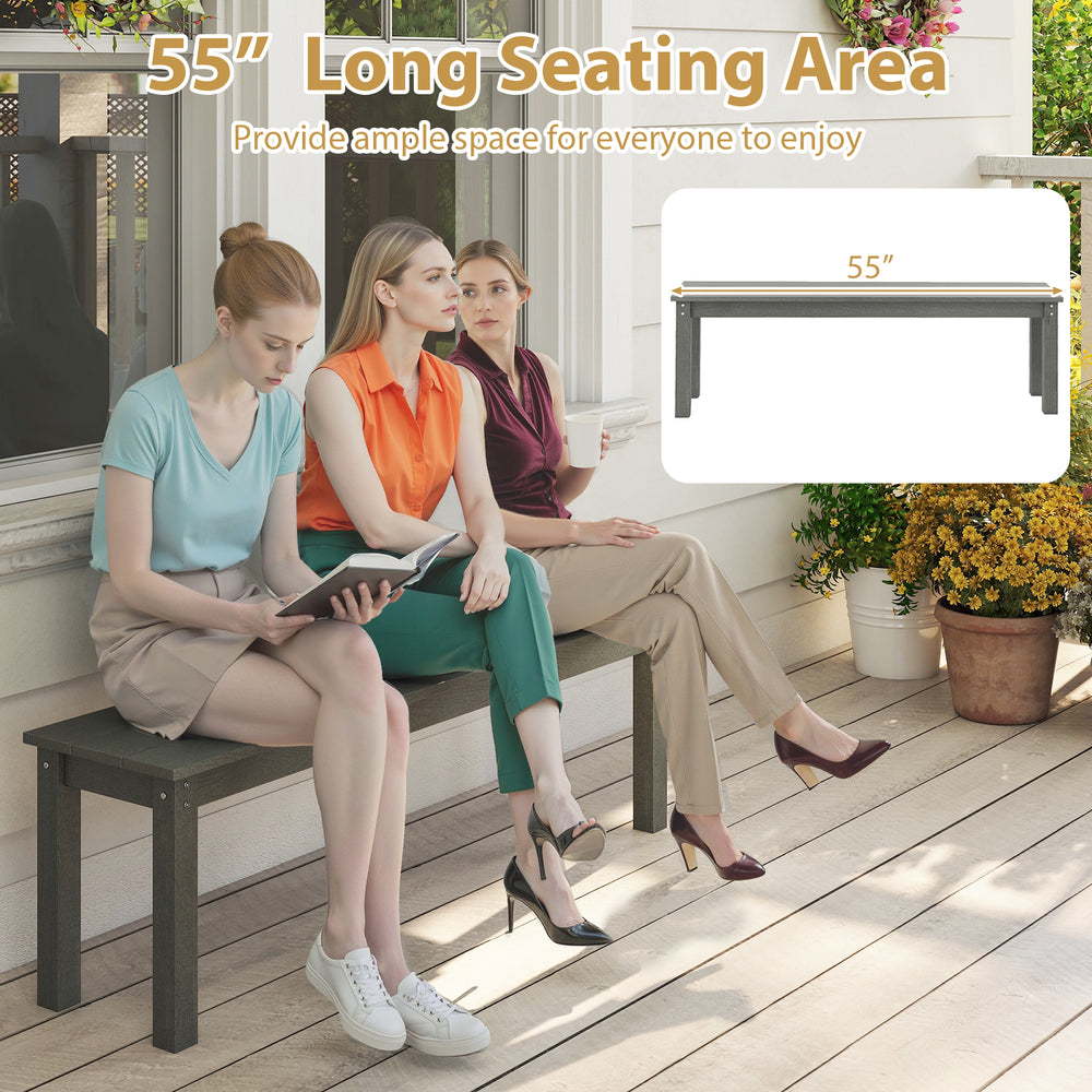 55" gray HDPE outdoor bench with a wood-like surface, seating for 2-3 people, ideal for patio or garden use.