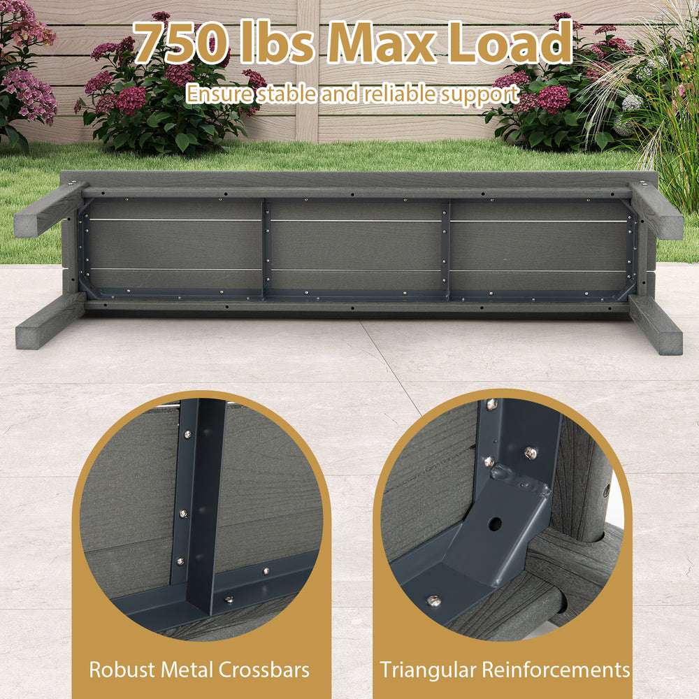 55" gray HDPE outdoor bench with robust metal crossbars and triangular reinforcements for stable support in gardens.