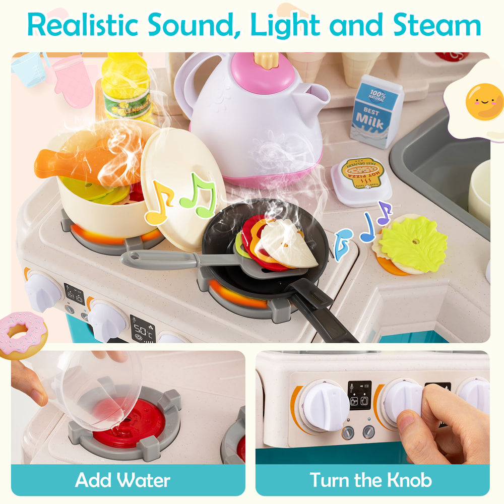 Kids Kitchen Playset in blue with realistic sound, light, and steam effects, featuring a working faucet and sink.