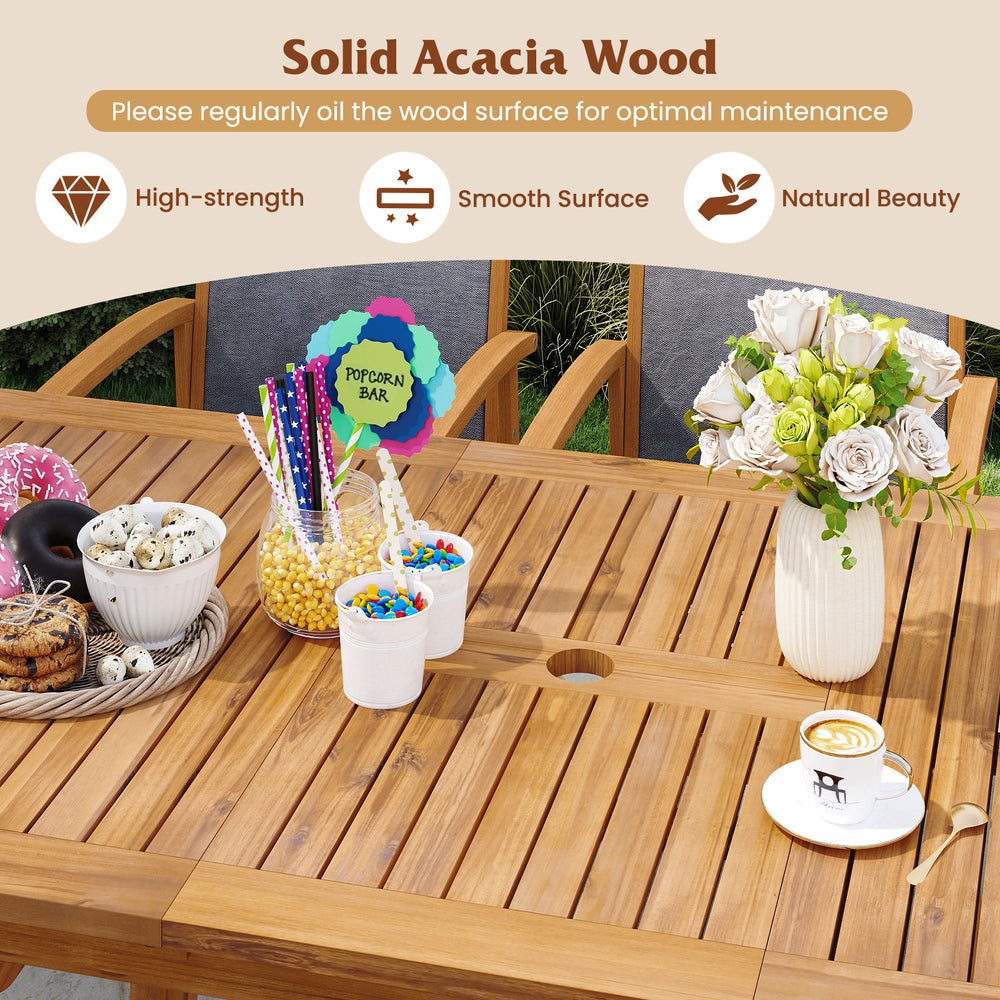 Close-up view of the smooth surface of the 55-inch expandable patio dining table made of solid acacia wood, showcasing.