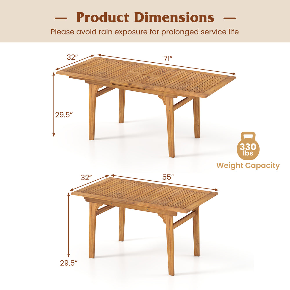 Expandable 55-71 inch patio dining table made of solid acacia wood, seating 6-8 people with umbrella hole for outdoor.