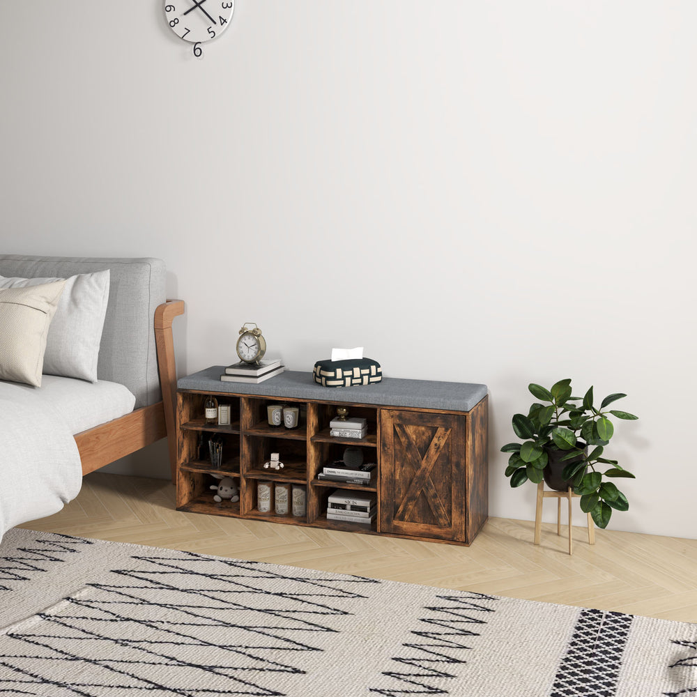 Rustic brown 9-cube adjustable storage shoe bench with padded cushion, ideal for entryway or hallway organization.