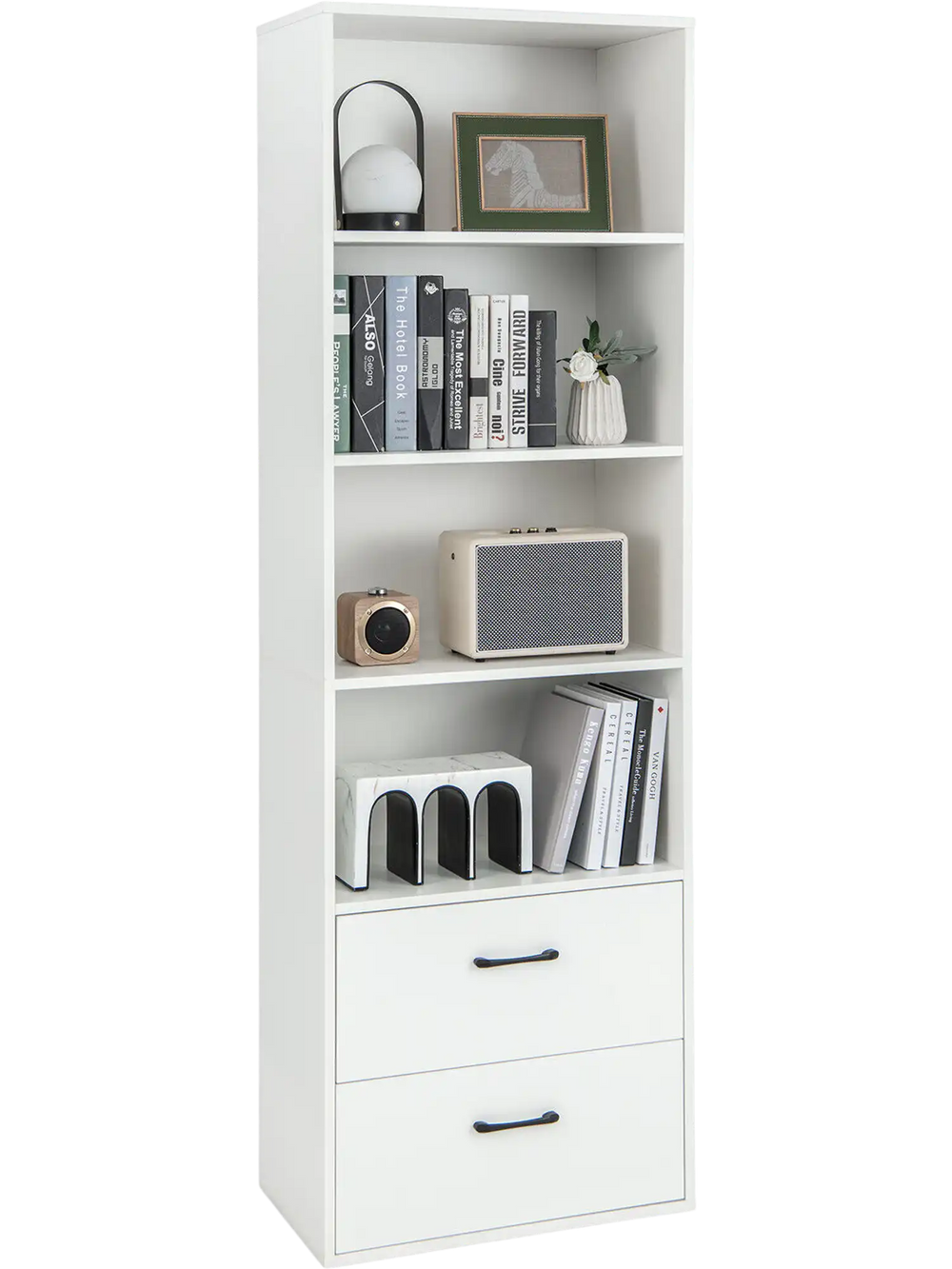 Tall white freestanding bookshelf featuring 4 open shelves and 2 drawers, ideal for home or office storage.