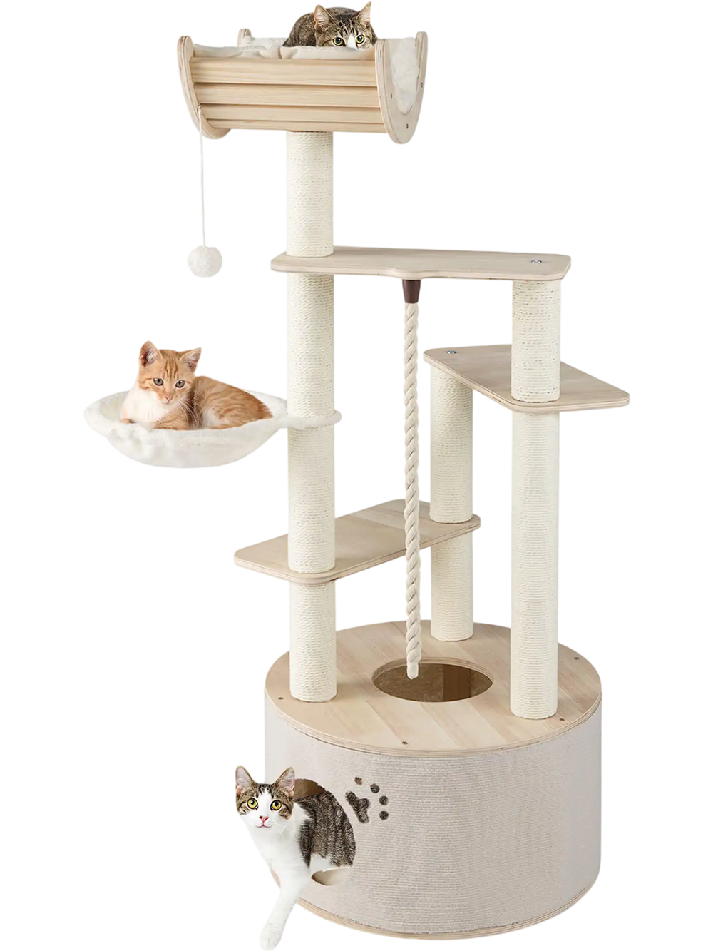 55.5 Inches Tall Wooden Cat Tree with Washable Plush Cushions for Indoor Cats