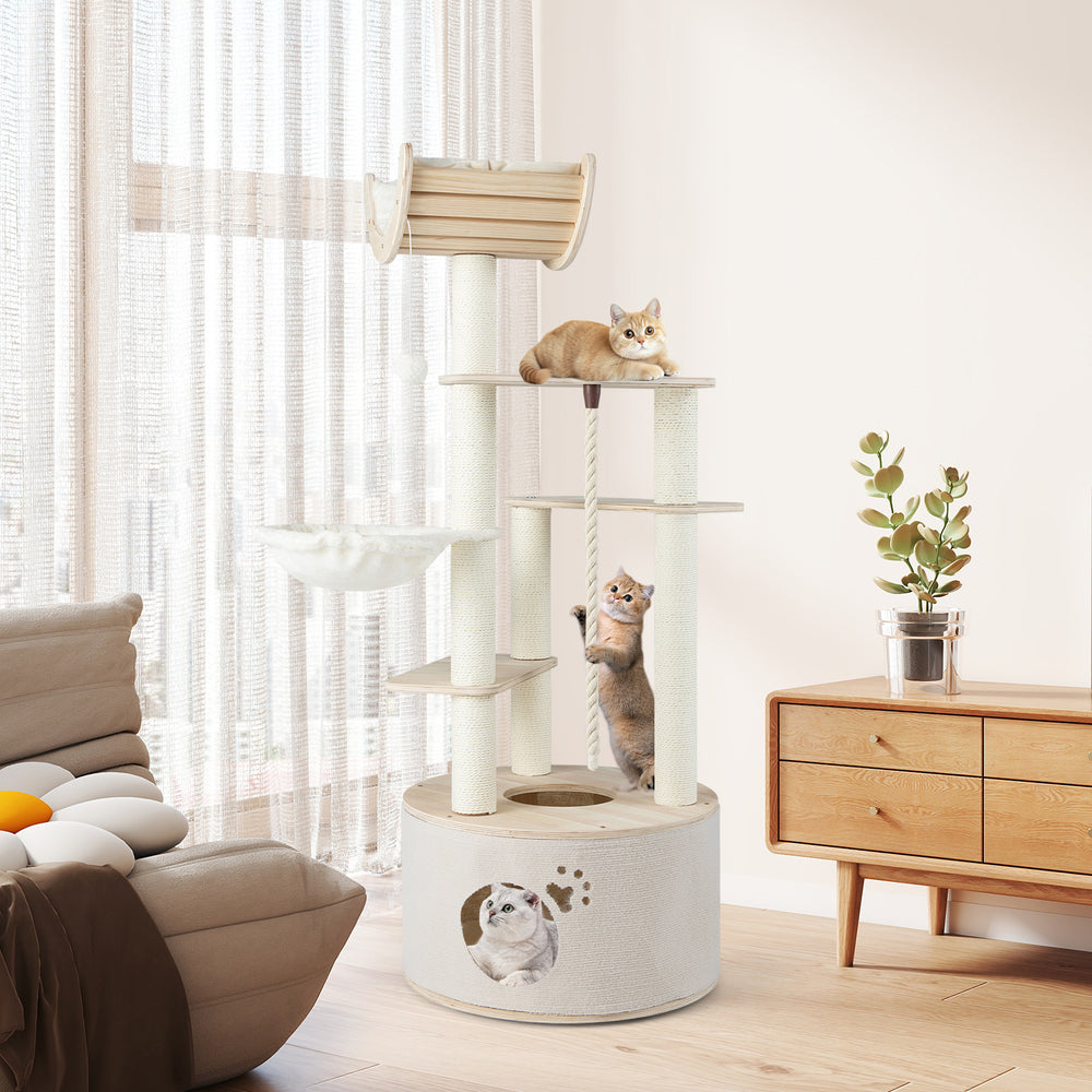 Wooden cat tree with plush cushions, featuring multiple platforms and a cozy condo for indoor cats.