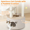 Spacious cat condo with a padded cushion, top cat hole, and scratch-resistant fabric for indoor cats' comfort and play.