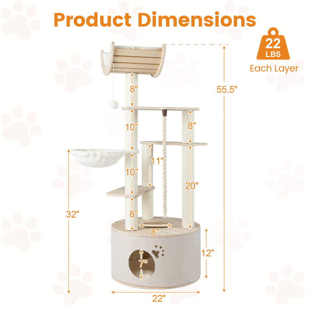 Wooden cat tree measuring 55.5 inches tall with removable plush cushions, featuring multiple platforms and a cozy condo.