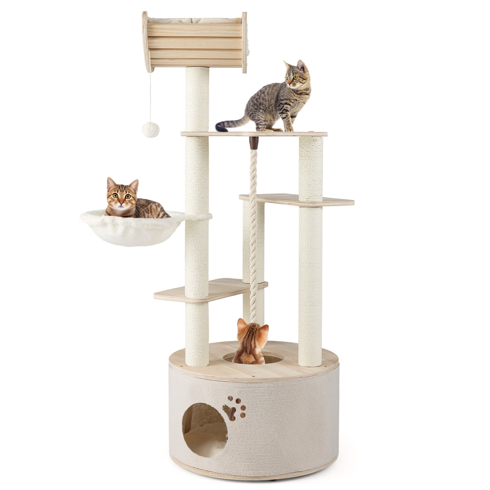 Wooden cat tree with three platforms, cozy basket, and removable plush cushions for indoor cats.