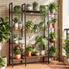 Multi-functional 10-tier plant stand in rustic brown with sturdy construction and USB-powered LED lights for vibrant displays.