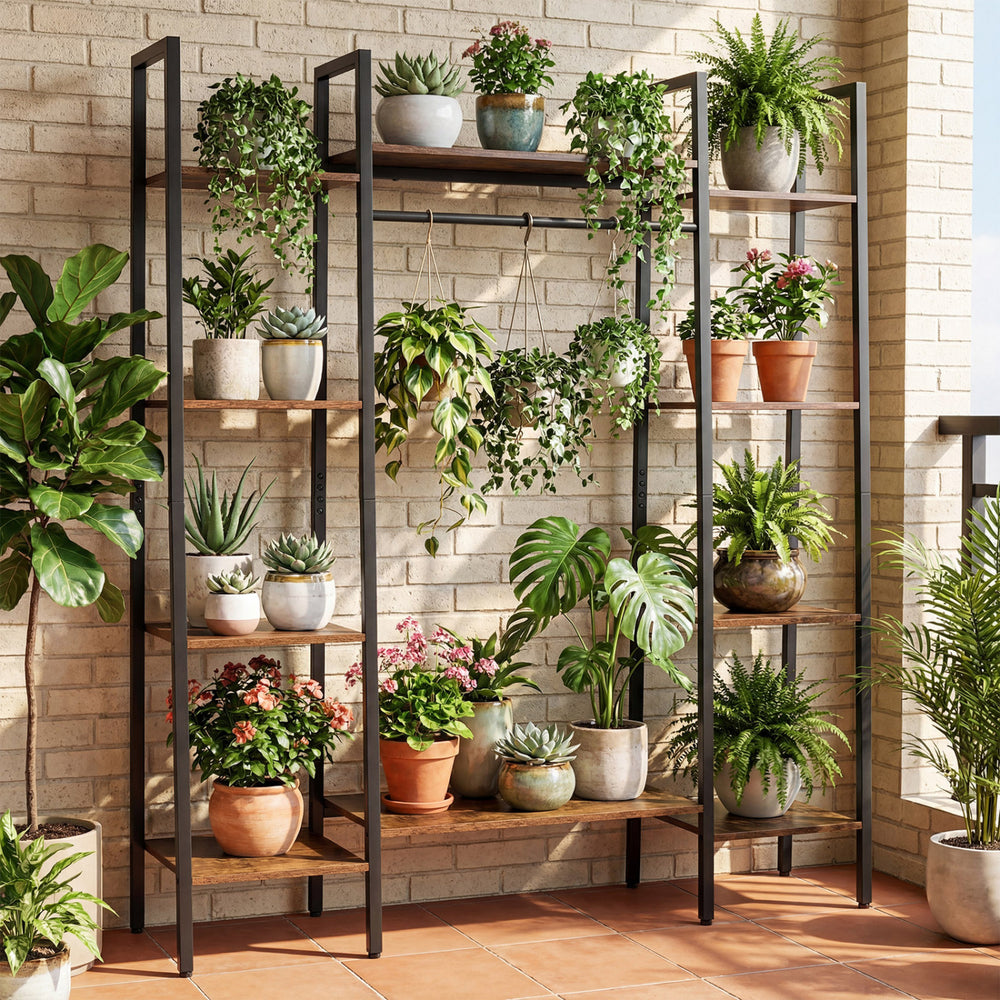 Multi-functional 10-tier plant stand in rustic brown with sturdy construction and USB-powered LED lights for vibrant displays.
