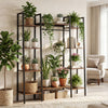 Tall 10-tier plant stand in rustic brown with LED strip lights, perfect for displaying plants and enhancing ambiance.