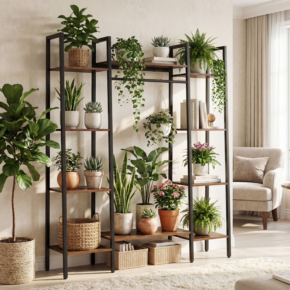 Tall 10-tier plant stand in rustic brown with LED strip lights, perfect for displaying plants and enhancing ambiance.