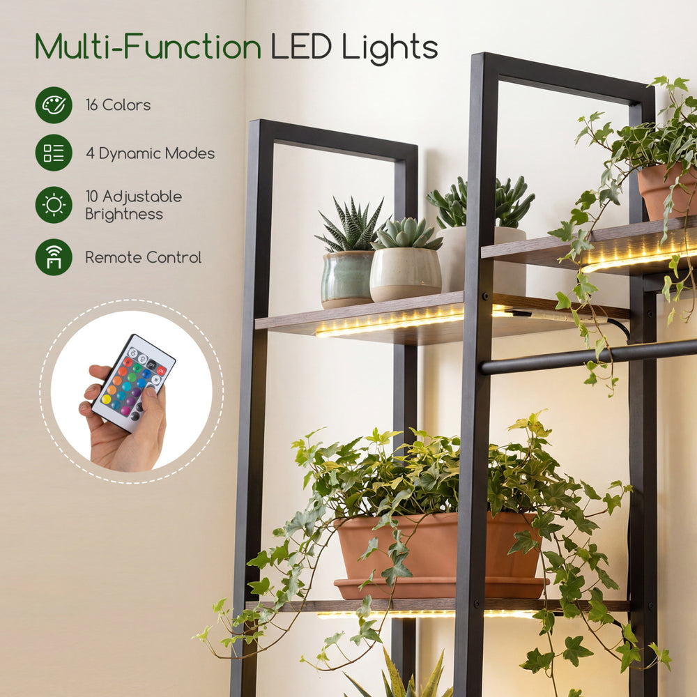 55.5-inch tall plant stand with 16 colors LED strip lights, sturdy metal frame, and 10-tier design for versatile use.
