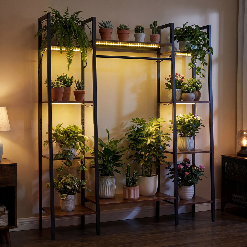 Tall 10-tier plant stand in rustic brown with LED strip lights, ideal for displaying plants and enhancing room ambiance.