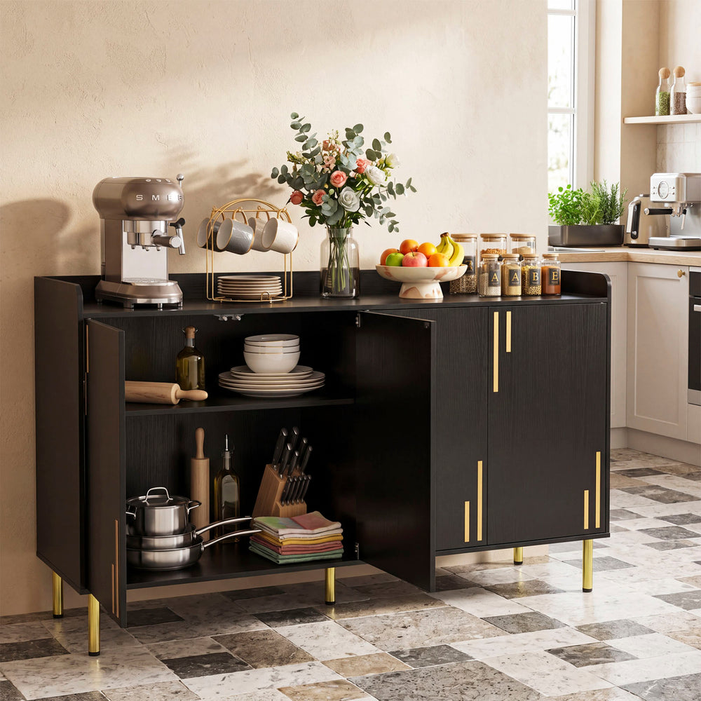 Modern 55" black buffet cabinet with 4 doors, 5 metal legs, and spacious top for kitchenware and decor.