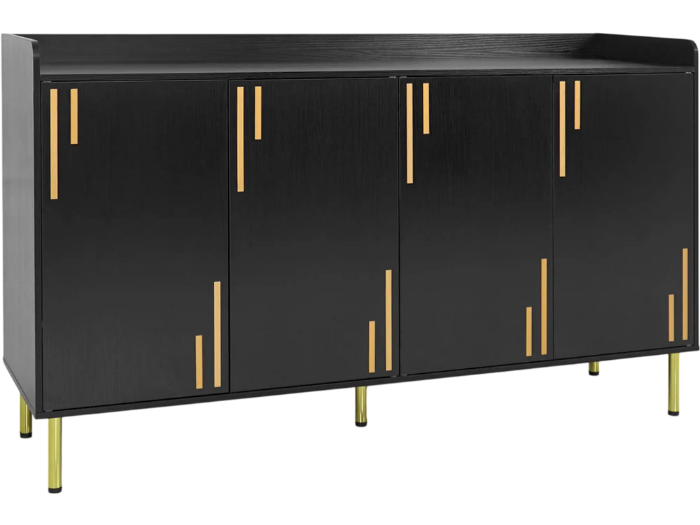 Modern 55" black buffet cabinet with 4 doors, gold accents, and 5 metal legs, ideal for dining or kitchen storage.