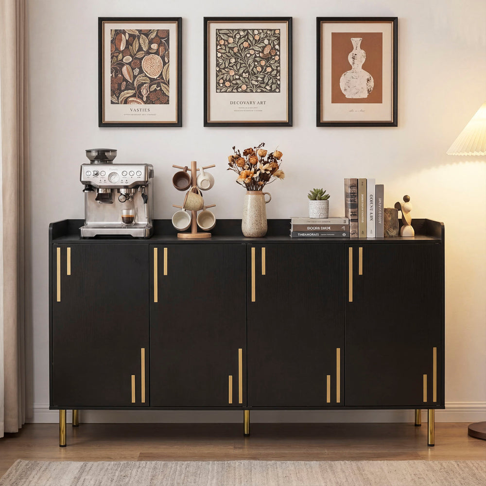 Modern 55" black buffet cabinet with 4 doors, 5 metal legs, and a spacious top for coffee makers or decor.