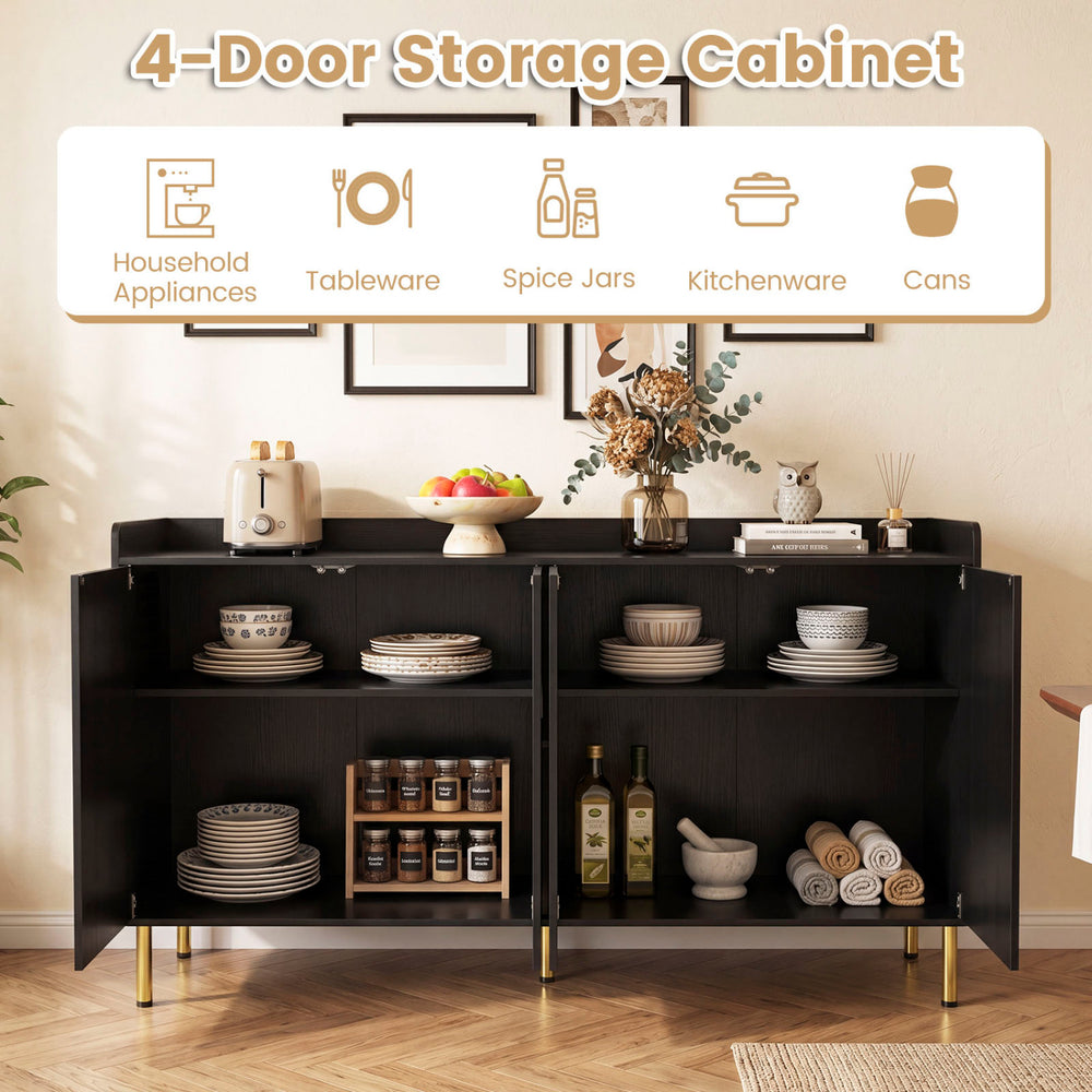 Modern 55" black buffet cabinet with 4 doors and 5 metal legs, ideal for kitchenware and tableware storage.