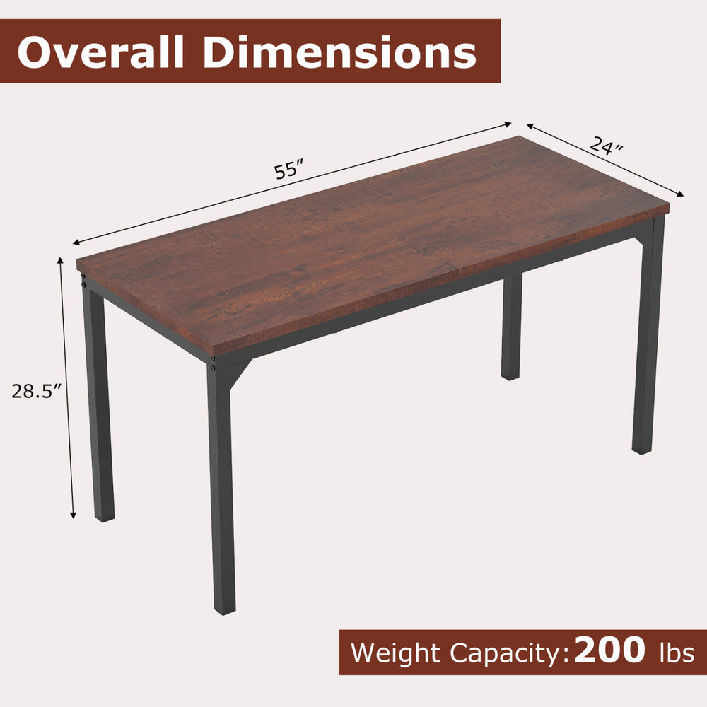55-inch conference table with a heavy-duty metal frame, brown finish, dimensions 55"x24"x28.5", suitable for office or.