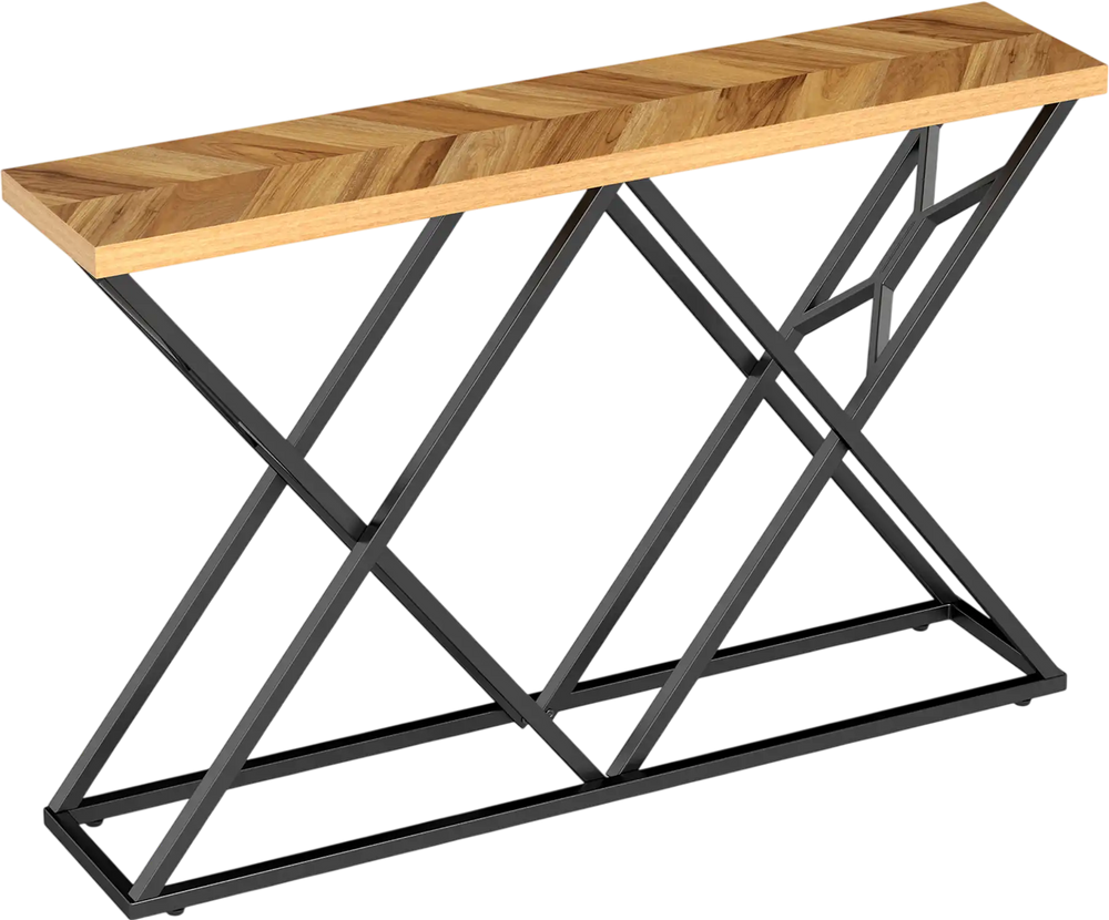 Console table with a geometric metal base and solid wood top, perfect for living room or hallway display and storage.