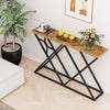 Console table with geometric metal frame and wood top, perfect for living room or hallway display and storage.