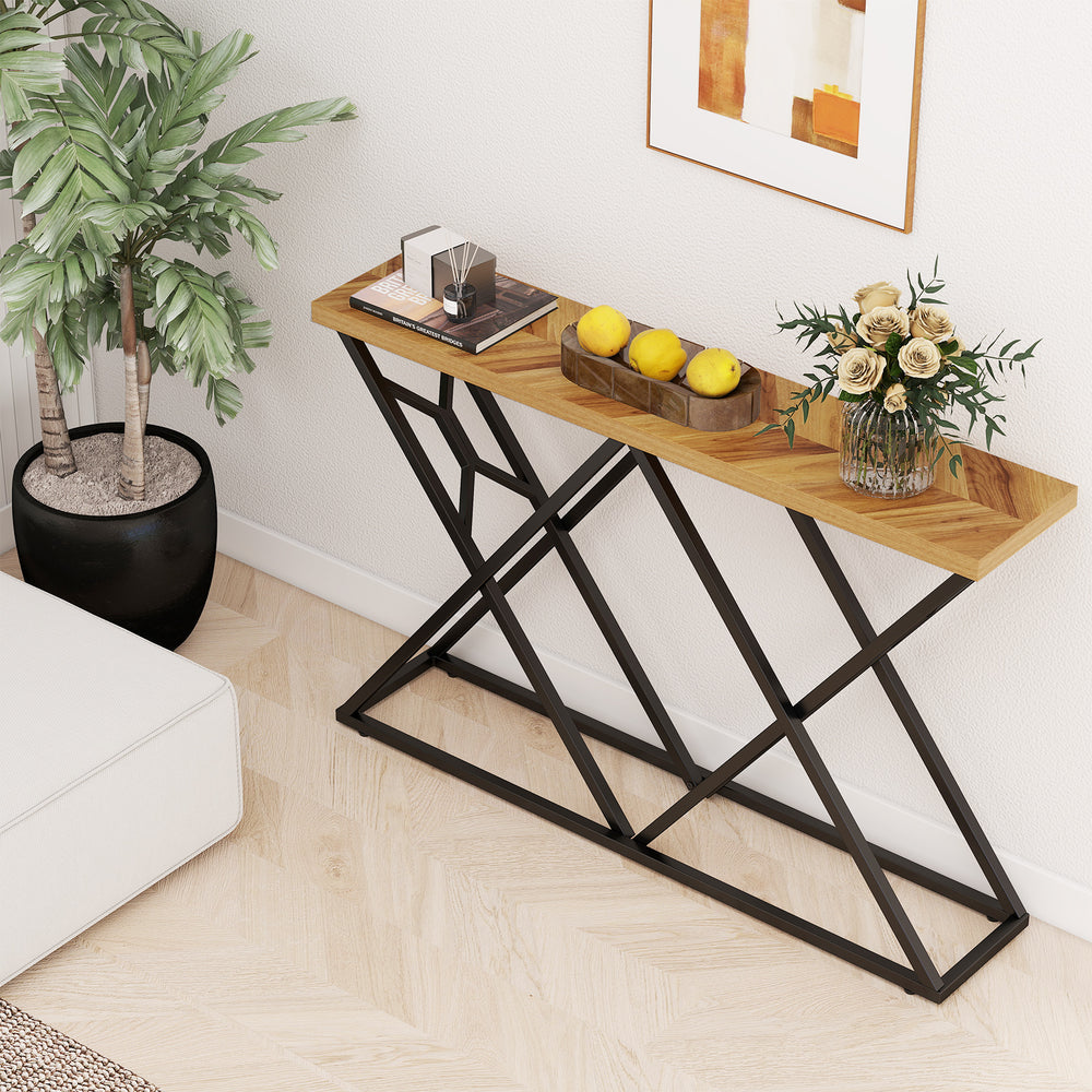 Console table with geometric metal frame and wood top, perfect for living room or hallway display and storage.