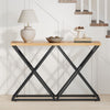 Console table showcasing a unique wood grain top with a sturdy geometric metal frame, perfect for hallway or entrance.