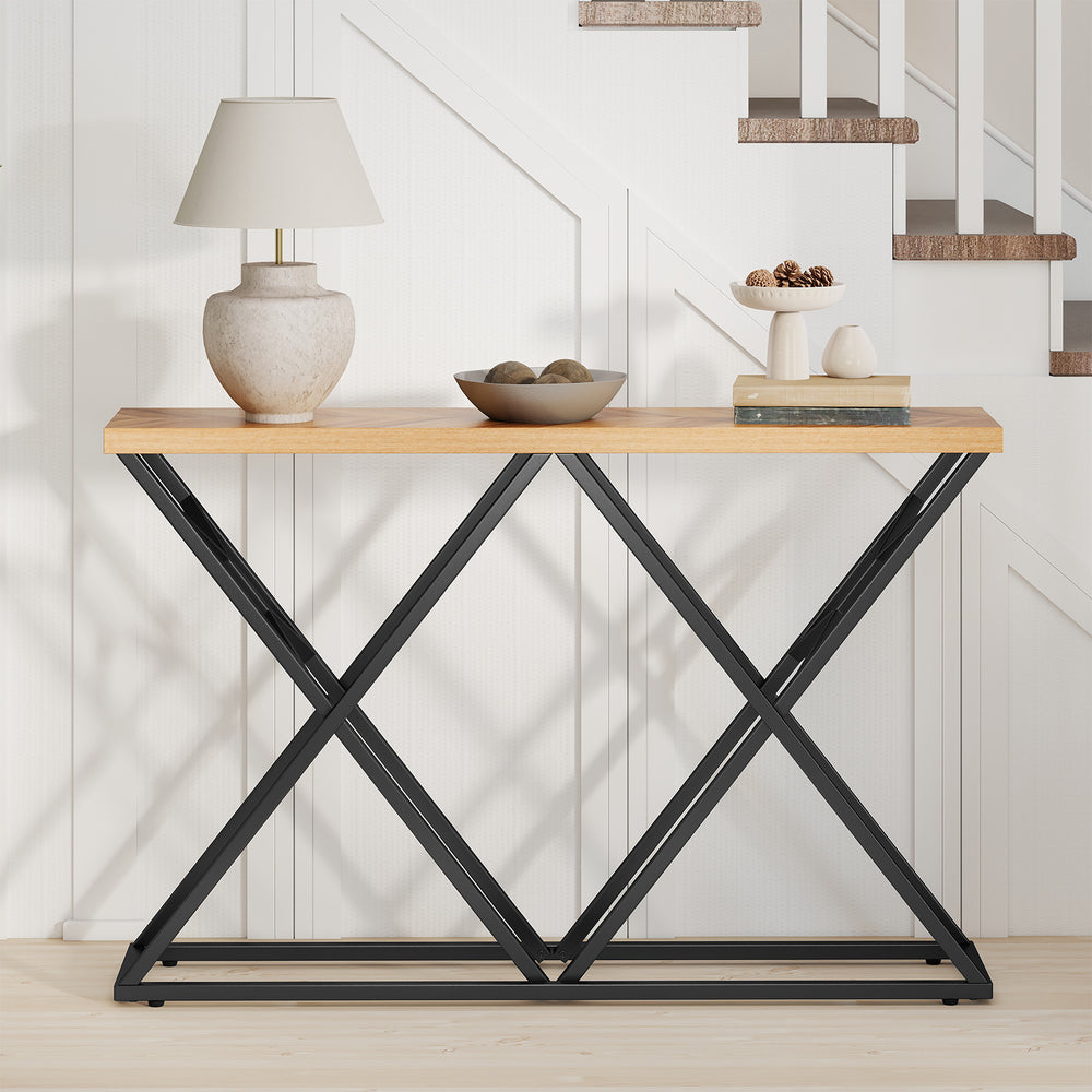 Console table showcasing a unique wood grain top with a sturdy geometric metal frame, perfect for hallway or entrance.