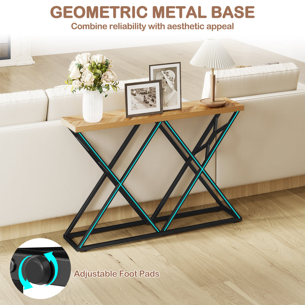 55-inch console table featuring a geometric metal base, solid wood top, and adjustable foot pads for stability in any.