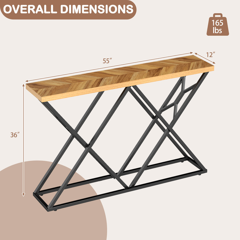 55-inch console table with solid wood top and geometric metal frame, ideal for living room or hallway storage.