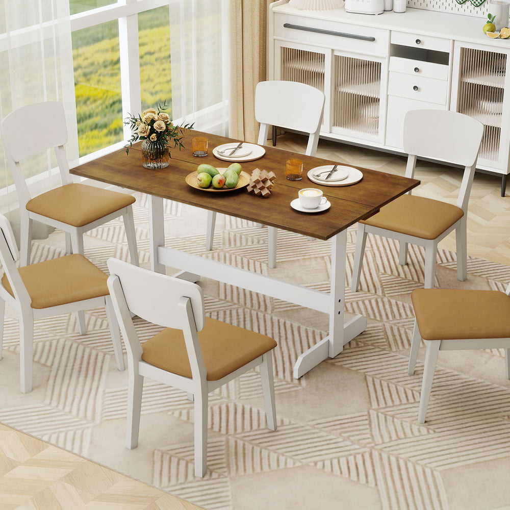 Rectangular 55-inch dining table with solid wood trestle base, accommodating 4-6 people, perfect for kitchen or dining.