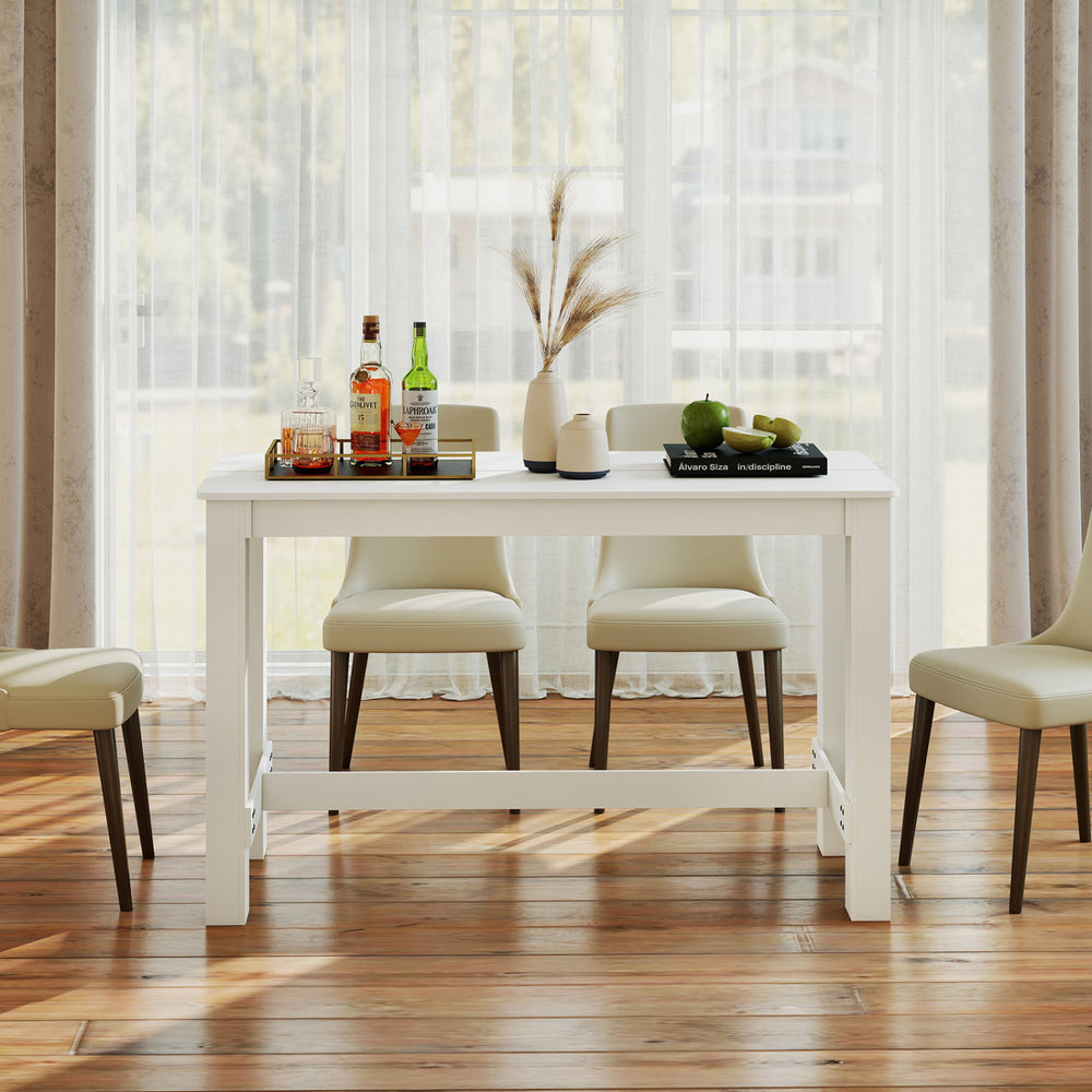 White 55-inch wooden dining table with rounded corners, seating 4 to 6 people, ideal for dining rooms or kitchens.