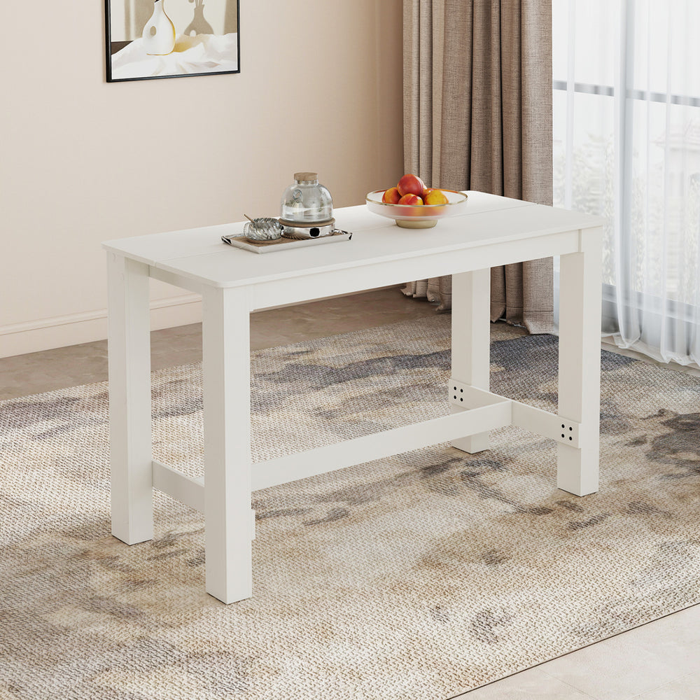 White 55-inch wooden dining table with rounded corners, seating 4 to 6 people, perfect for dining rooms or kitchens.