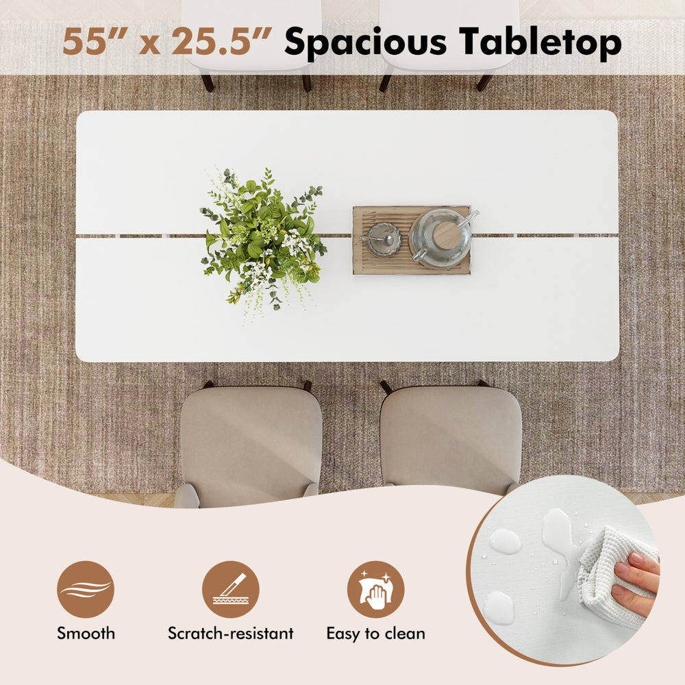 Spacious 55-inch wooden dining table with a smooth, scratch-resistant surface, ideal for 4 to 6 people in various settings.