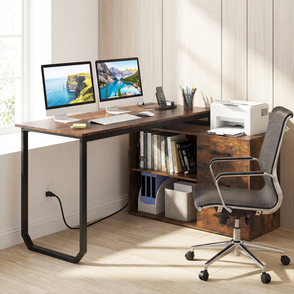 55 Inch Reversible L Shaped Desk with 3 Drawers Home Office Desk with Adjustable Shelf-Rustic Brown - Gallery View 1 of 11