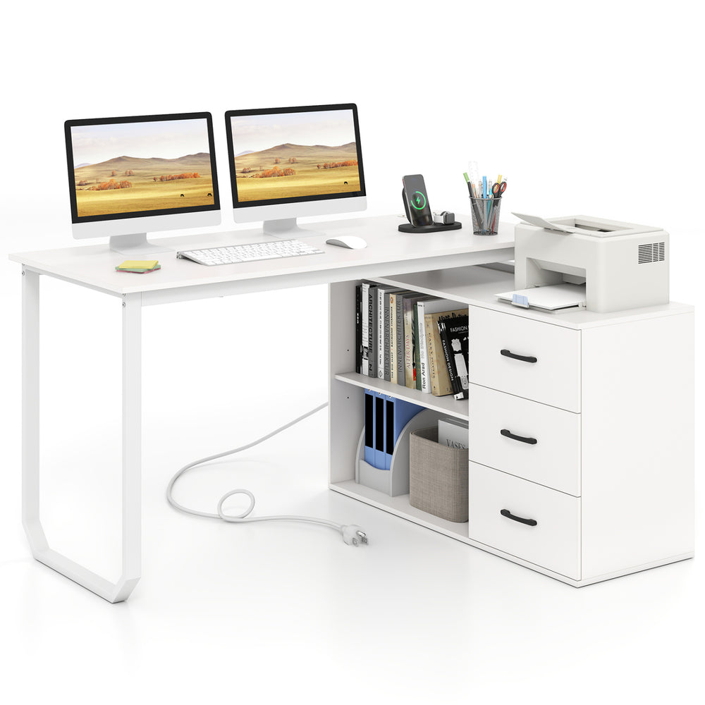 L-shaped 55-inch white desk with 3 drawers, adjustable shelf, and dual AC outlets for home office use.