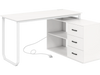 Reversible 55" L-shaped desk in white with 3 drawers, adjustable shelf, and built-in AC and USB ports for home office.