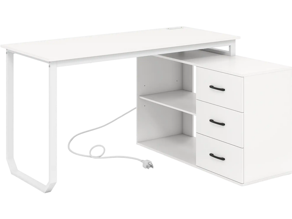 Reversible 55" L-shaped desk in white with 3 drawers, adjustable shelf, and built-in AC and USB ports for home office.