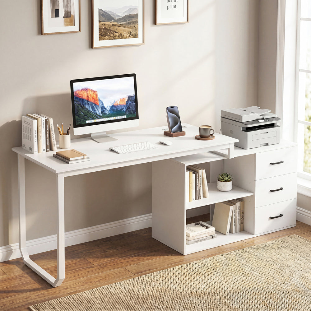 Reversible 55-inch L-shaped desk in white with 3 drawers, adjustable shelf, and multiple ports for home office use.