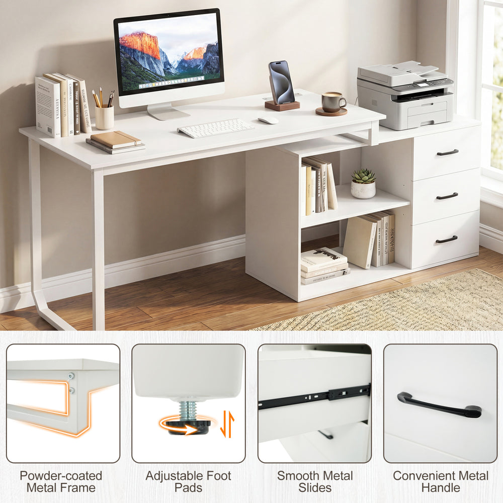 Reversible 55-inch L-shaped desk in white with 3 drawers, adjustable shelf, and metal frame for home office use.