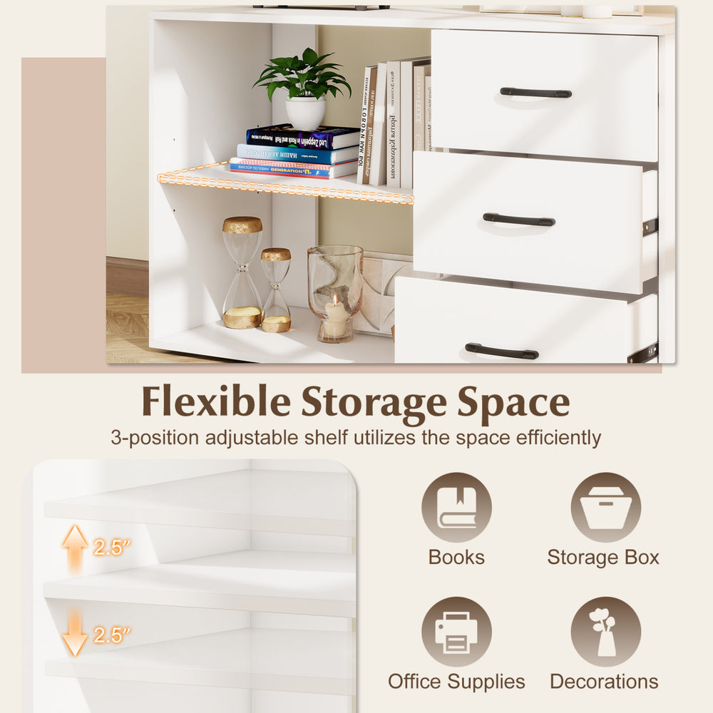 Reversible L-shaped desk with adjustable shelf, three drawers, and USB ports for versatile home office storage.