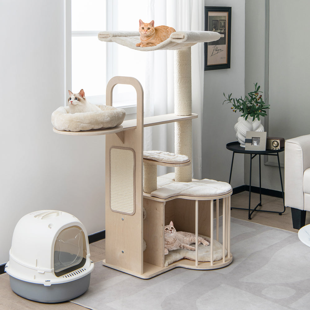 Multi-level cat tree showcasing a cozy side perch, spacious condo, and plush removable cushions for feline relaxation.