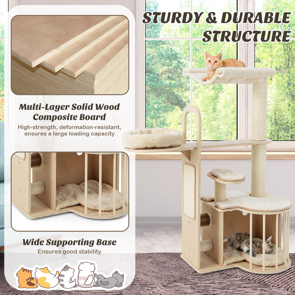 Multi-level 55-inch cat tree with natural wood finish, removable cushions, and wide base for stability and comfort.