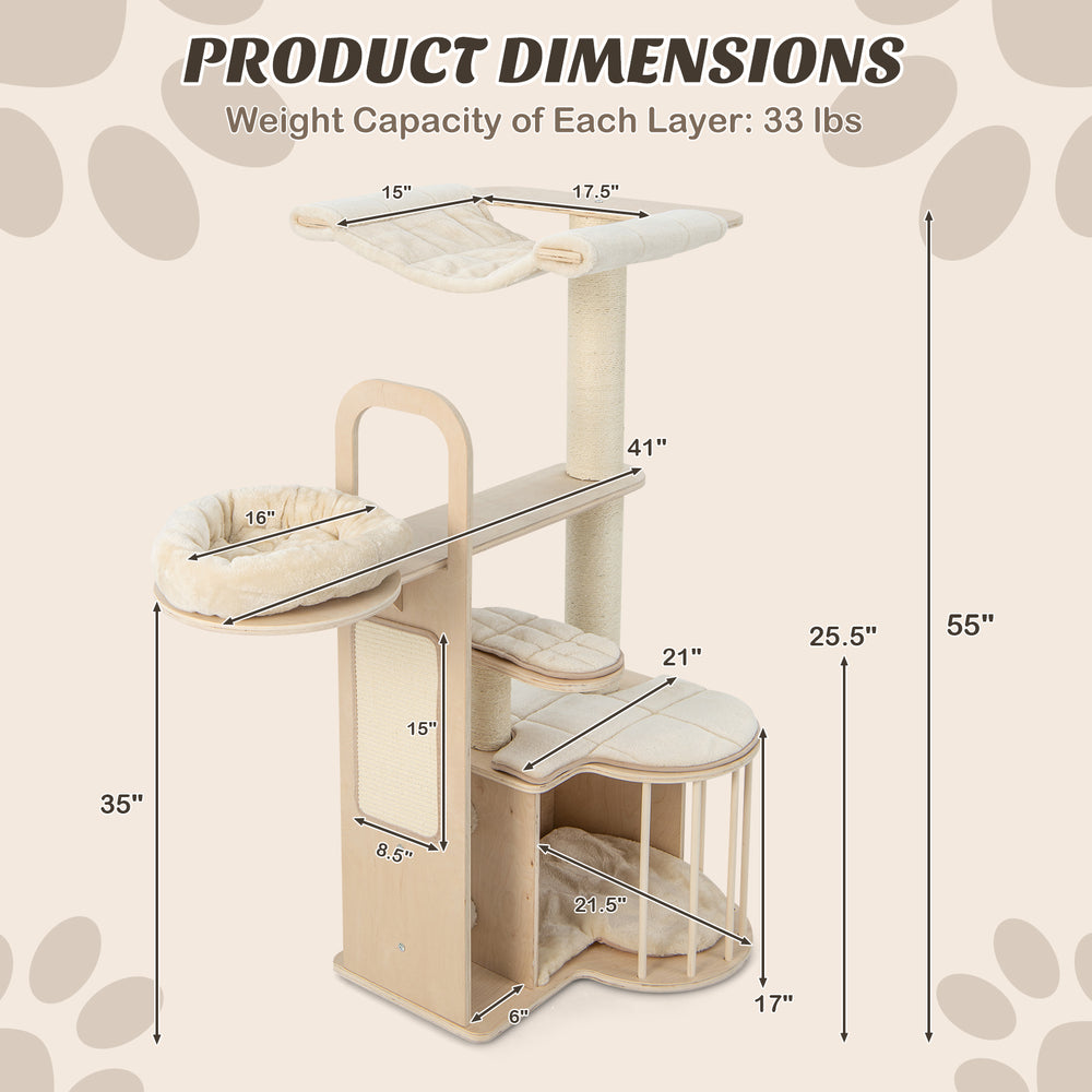 Multi-level cat tree with dimensions, featuring removable cushions, scratching posts, and a modern design for comfort.