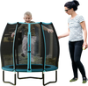Kids' 55-inch blue trampoline with safety enclosure net, featuring strong bungee cords and a stable galvanized steel.