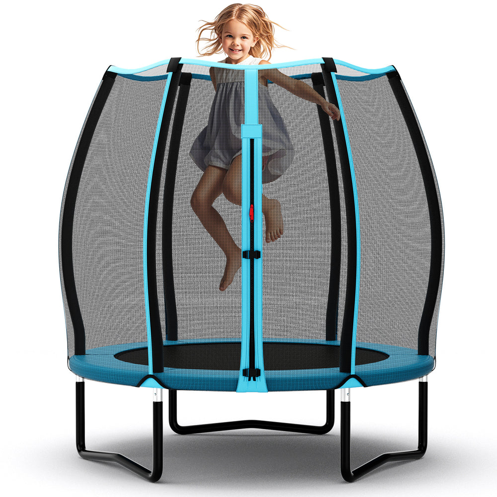 55-inch blue trampoline for kids with safety enclosure net, featuring strong bungee cords and a stable galvanized steel.