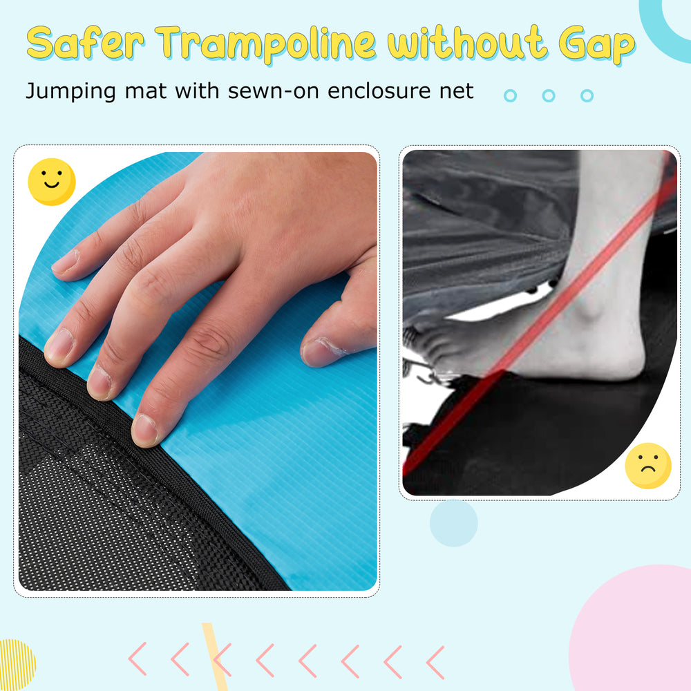 Close-up of the blue jumping mat and sewn-on enclosure net of a 55-inch trampoline for kids, ensuring safety during.