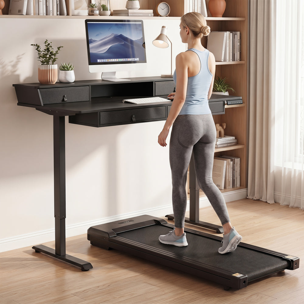 Electric standing desk with drawers, ergonomic design, and adjustable height for a comfortable workspace.