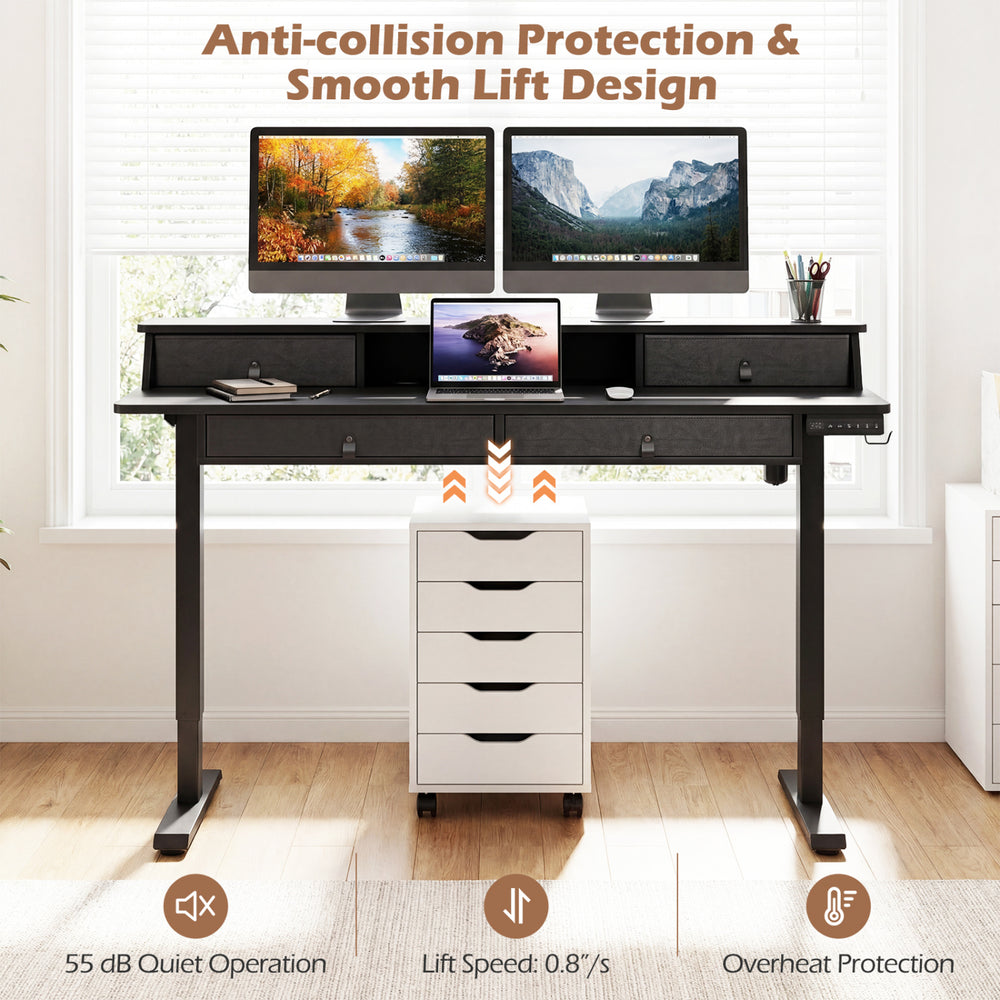 Electric standing desk with drawers, black finish, ergonomic design, anti-collision protection, ideal for home office.